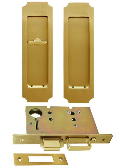 Premium Patio Pocket-door Mortise Lock set with Chamfered Corner Pulls in Aged Brass.